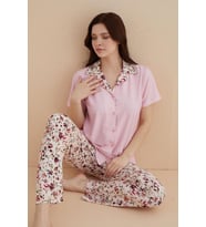 Dreamy Marla Bambu Çiçek Desenli Kısa Kollu Gömlek Pijama Takımı (A.Pembe)