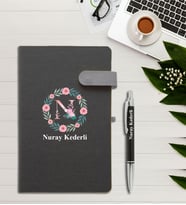 Kişiye Özel Çiçek Desen Baskılı İsme Özel Defter ve Kalem