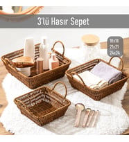 Porsima 303-C Kare 3'lü Hasır Sepet Dekoratif Ev Düzenleyici Kendinden Kulplu Hasır Sepet Seti Banyo Düzenleyici Sepet