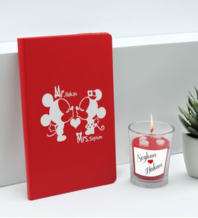 BK Gift Sevgililere Özel İsimli Kırmızı Defter ve Cam Bardakta Kalp Figürlü Kokulu Mum Hediye Seti-2, Sevgiliye Hediye, Sevgililer Günü