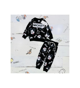 Mickey Mouse Çizgi Karakterli Siyah Erkek Çocuk Eşofman Pijama Alt Üst Takımı