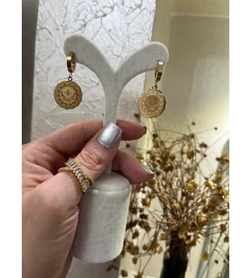 316L Çelik Kararmaz Tuğra Detaylı Küpe (Gold)
