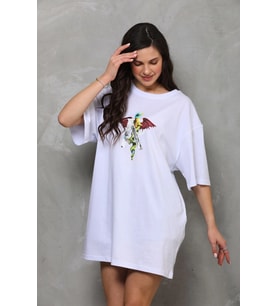 Kadın Baskılı T-Shirt Kısa Kol Bisiklet Yaka Regular Fit Rahat Kalıp Günlük Tişört - Beyaz