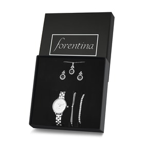 Forentina Gümüş Kaplama Siyah Taşlı Kolye Küpe Bileklik Saat Hediye Set PS3143