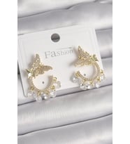 Pirinç Gold Renk Zirkon Taşlı Sallantı Detay Model Kadın Küpe - Tj-Bkp9901