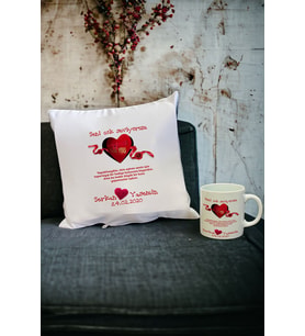 Sevgililer Günü Hediyesi Kupa Bardak ve Yastık Set 006 (Beyaz)