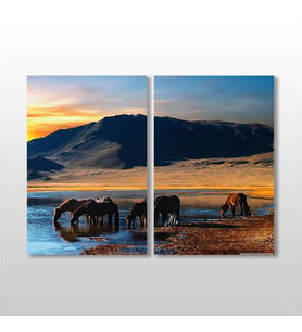 Atlar Ve Göl Manzarası Kanvas Tablo 110x100cm (Karışık)