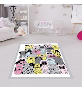 Sevimli Köpekler Desenli Halı Dijital Baskı Yıkanabilir Kaymaz Taban Çocuk Odası Halısı (Beyaz)