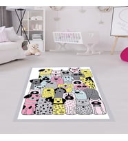 Sevimli Köpekler Desenli Halı Dijital Baskı Yıkanabilir Kaymaz Taban Çocuk Odası Halısı (Beyaz)
