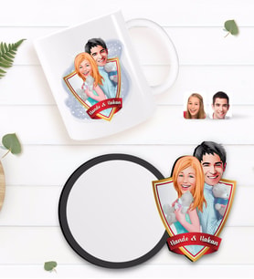 BK Gift Kişiye Özel Sevgililer Karikatürlü Beyaz Kupa ve Ahşap Bardak Altlığı Hediye Seti-87