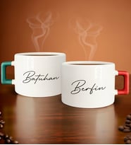 BK Gift Kişiye Özel İsimli Tarihli Yeşil ve Kırmızı Kulplu 2li Çay & Kahve Fincanı, Arkadaşa Hediye, Sevgiliye Hediye