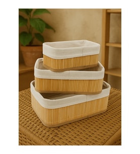 İç Astarlı MDF Taban 3'lü Doğal Bambu Sepet Organizer
