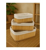 İç Astarlı MDF Taban 3'lü Doğal Bambu Sepet Organizer