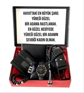 Erkek Siyah Kol Saati-Cüzdan-Kemer-Kartlık- Tesbih- 3 Adet Bileklik