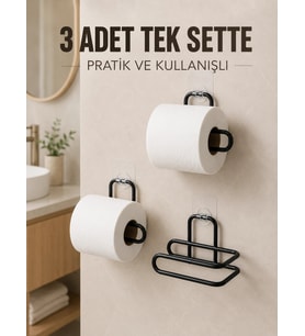 3 Adet Siyah Rulo Kağıt Tutucu Yapışkanlı Duvar Tipi Pratik Kağıtlık Seti