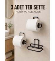 3 Adet Siyah Rulo Kağıt Tutucu Yapışkanlı Duvar Tipi Pratik Kağıtlık Seti