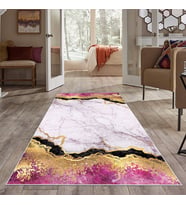 Pembe Beyaz Mermer Gold İşleme Yıkanabilir Kaymaz Taban Leke Tutmaz Modern Salon Halısı ve Yolluk