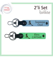 Futbol Figürlü Set, Kardeşe Anlamlı Hediye, İsim Yazılabilir Deri Anahtarlık, Gök Mavi-Fıstık Yeşil
