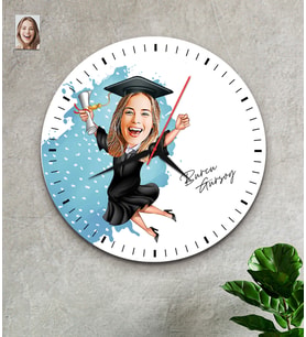 Kişiye Özel Karikatürlü Mezun Ahşap Duvar Saati 32 CM (Çok Renkli)