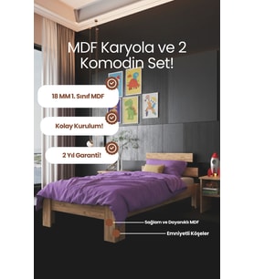 Lotus Tek Kişilik MDF Karyola ve 2 Komodinli Set
