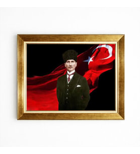 Tablore Atatürk Tablosu Kalpaklı Ve Türk Bayraklı Altın Varak Çerçeveli Tablo
