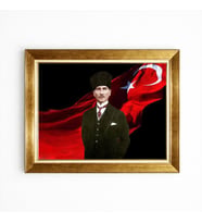 Tablore Atatürk Tablosu Kalpaklı Ve Türk Bayraklı Altın Varak Çerçeveli Tablo
