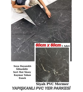 60cmx60cm Siyah Mermer Desenli Pvc-Lvt Yapışkanlı Yer Kaplama Paneli Kauçuklu Floor Banyo WC S74P