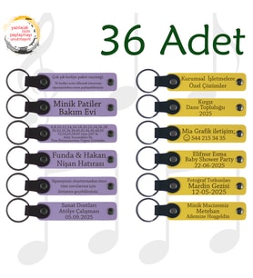 Mor Menekşe & Sarı, 36’lı Set, İsim Yazılabilir Deri Anahtarlık, Aile Pikniklerine Küçük Hatıra