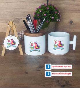 Unicorn Hediye Sepeti Kalemlik, Kupa Bardak Sihirli, Ahşap Anahtarlık Hediye (Model 3)