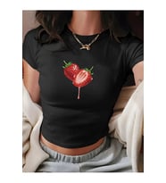 Kadın Crop Baby Tee Çilek Baskılı Dar Kesim %100 Pamuk Y2K Estetik Tişört