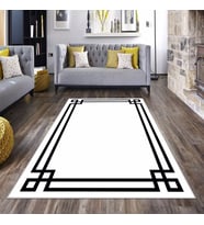 Beyaz Siyah Geometrik Çerçeveli Yıkanabilir Kaymaz Taban Leke Tutmaz Modern Salon Halısı ve Yolluk