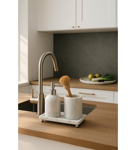 Mermer Beyaz 3 Parça Gümüş Ayak Banyo Seti Mutfak Sıvı Sabunluk Seti