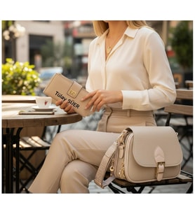 Givenza 🎁 Kişiye Özel Cüzdan & Kolye Hediyeli Şık Kadın Çanta Seti 🎁 (Bej-Bej)