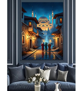 Gece Işıkları Altında Tarihi Camii Dekoratif Kanvas - Mdf Ahşap Tablo
