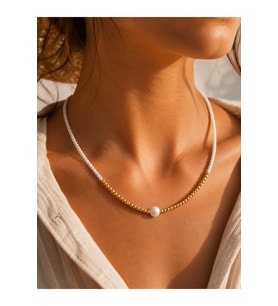 BEYAZ, GOLD BONCUKLU İNCİ KOLYE 41+4CM ACR9903
