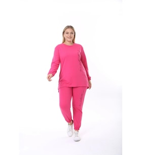 Kadın Büyük Beden Yazılı Uzun Kol Kol Paça Lastikli İkiiplik Takım (Pembe)