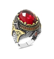 Faset Kesim Kırmızı Zirkon Taşlı Oval Tasarım 925 Ayar Gümüş Erkek Yüzük