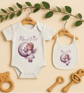 Pia Baby Premium %100 Pamuk İsme Özel Organik Baskılı Çıtçıtlı Bebek Body Ve Önlük 5081-20 (Ekru)