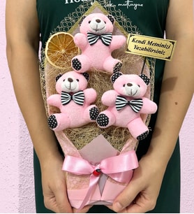Kişiye Özel Pembe Ayıcıklar Buketi - Büyük Boy Ayıcık Buketi - Peluş Ayıcık Buketi (Model 2)