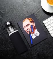 Kişiye Özel Mavi Roller Kalem & Mustafa Kemal Atatürk Resimli Defter & Özel Kılıflı 500Ml Cam Matara Hediye Seti