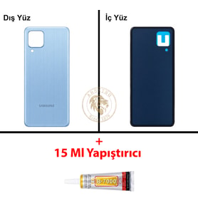 Samsung M32 Mavi Arka Pil Kapağı Batarya Kapağı Lazer Kesim + B-7000 Yapıştırıcı