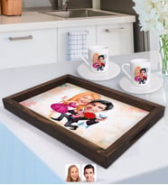 BK Gift Kişiye Özel Sevgililer Karikatürlü Doğal Ahşap Tepsi ve 2’li Kahve Fincan Seti-9