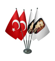 Masa Üstü Atatürk Bayrağı Türk Bayrağı Dörtlü Krom Direk Masa Bayrak Seti