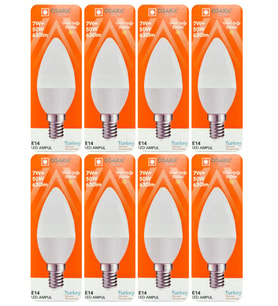 (8 Adet) Osaka 7W (50W) Sarı Işık (3000K) E14 Duylu (İnce Duy) Led Mum Ampul