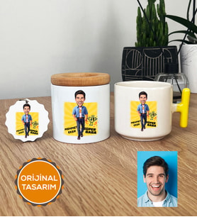 Kişiye Özel Karikatürlü Baba Hediye Seti T Kupa, Kalemlik, Anahtarlık Babaya Babalar Günü Doğum Günü Hediyesi (Sarı)