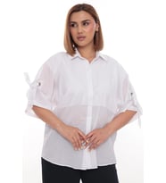 %100 Cotton Büyük Beden Kadın Pamuklu Gömlek Rahat Kesim, Düğmeli, Volan Kol Detaylı