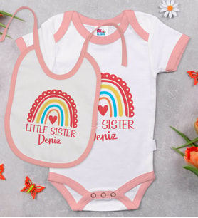 BK Kids Kişiye Özel Little Sister Tasarımlı Pembe Bebek Body Zıbın ve Mama Önlüğü Hediye Seti-1