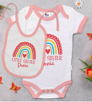 BK Kids Kişiye Özel Little Sister Tasarımlı Pembe Bebek Body Zıbın ve Mama Önlüğü Hediye Seti-1