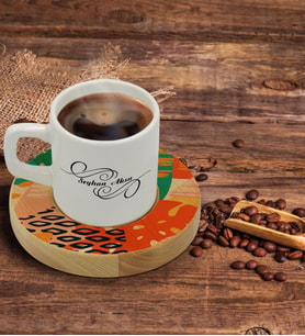 BK Gift Kişiye Özel Modern Art Tasarımlı Doğal Ahşap Tabaklı Türk Kahvesi Fincanı Model 3