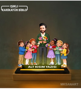 Kişiye Özel Öğretmen Öğrenciler Karikatürlü 14 cm MDF Işıklı Biblo - Öğretmen Hediyesi Öğretmene Özel Hediye